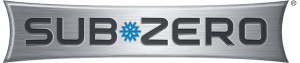 Sub-Zero logo with metallic background, black capital letters, and a blue snowflake replacing the dash between "SUB" and "ZERO"—a sleek emblem of this premium kitchen appliance brand partnered with Wolf.