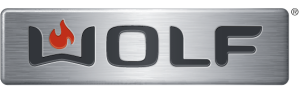 Metallic rectangular logo with the word "WOLF" in black letters; the "O" is stylized with a red flame design, reflecting the brand’s prestige in sub-zero and luxury appliance service.