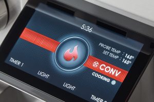 Close-up of a Sub-Zero oven touchscreen, a premium kitchen appliance displaying convection cooking mode, probe temp at 165°F, set temp at 165°F, and a timer at 5:36.