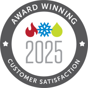Circular badge with the text "Award Winning Customer Satisfaction 2025" and icons of a red flame, blue snowflake, and green water droplet in the center.