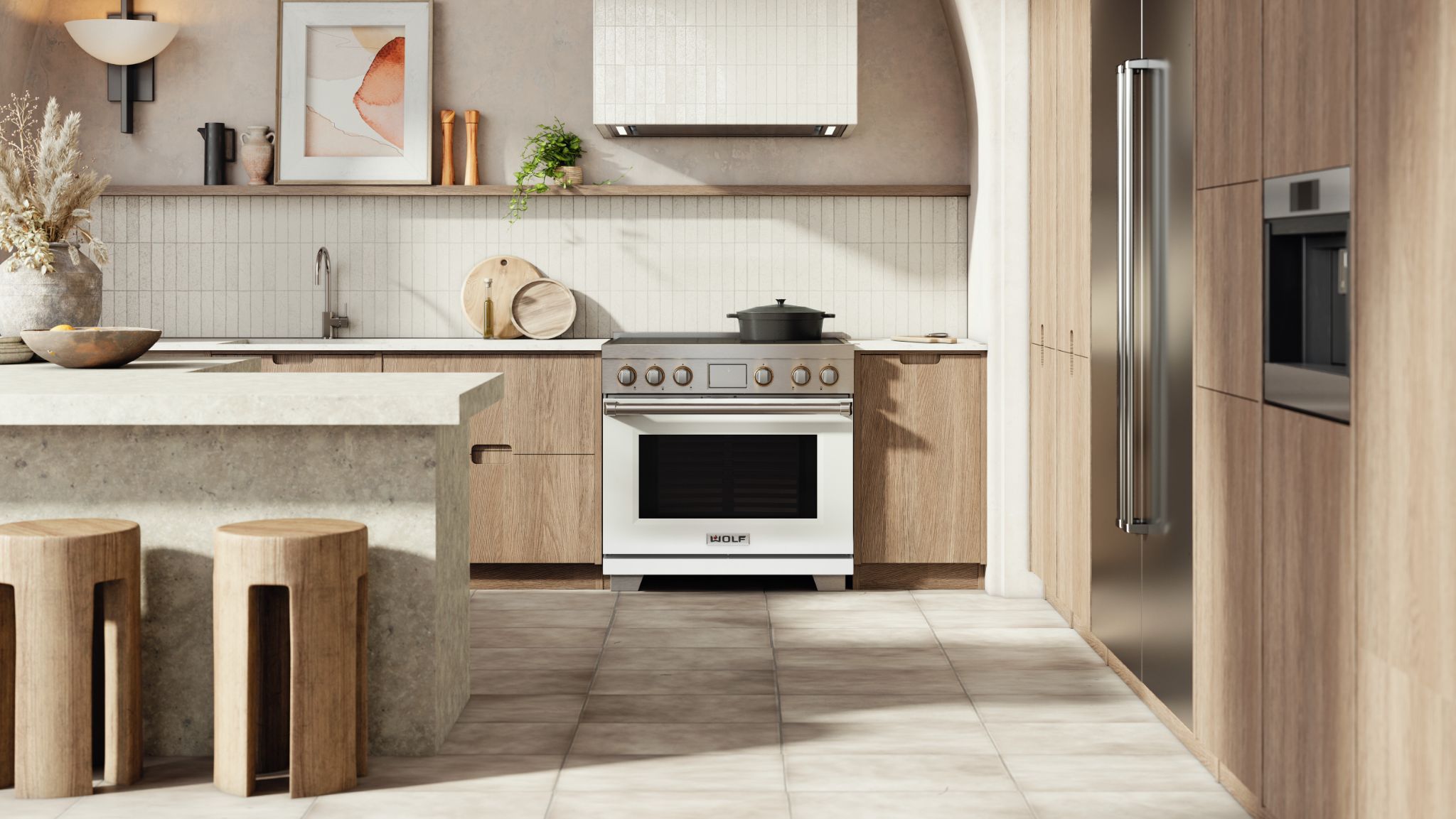 Modern kitchen with light wood cabinets, stainless steel appliances ready for use or appliance repair, a stove with a pot, a kitchen island with two stools, and neutral decor.